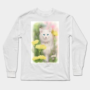 White Cat in the Flower Garden Soft Pastel Colors Long Sleeve T-Shirt